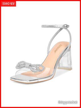 Clear Block Heel Sandals with Bow Square Toe Ankle Strap Formal Wedding Heels